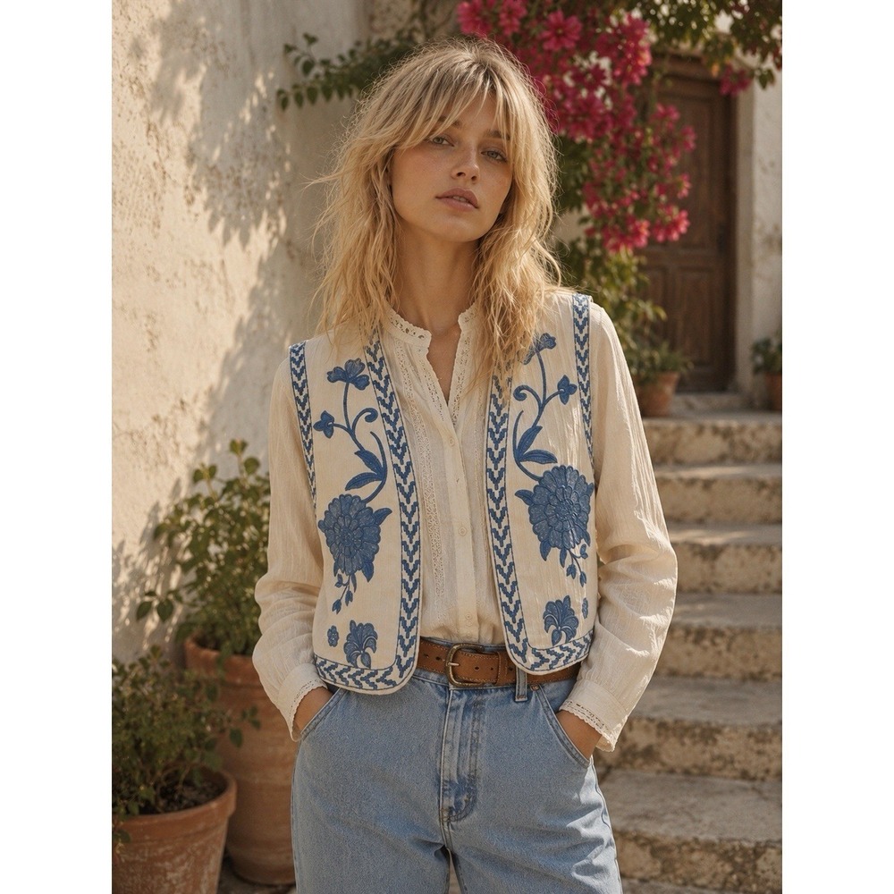 VTG Blue Blooms Boho Floral Embroidered Vest Rebellion Size Small 90s Y2K